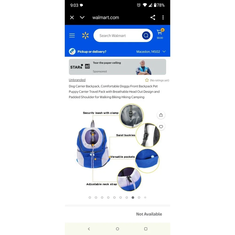 Dog Carrier Pet Sports Backpack Peek A Boo Hole Royal Blue Soft Side Adjustable